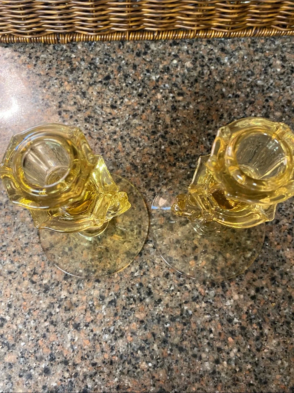 Vintage 1940’s Fostoria Baroque Topaz Yellow Glass Candlesticks